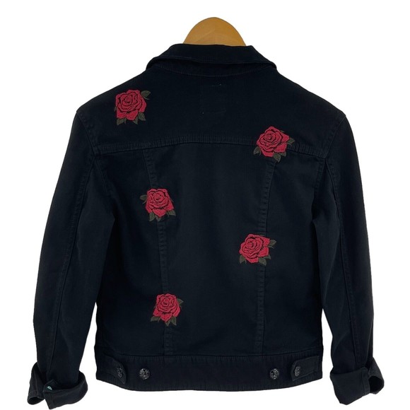 LuLaRoe Harvey Womens XS Black Stretch Jean Jacket Embroidered Red Roses Flowers - Picture 2 of 5